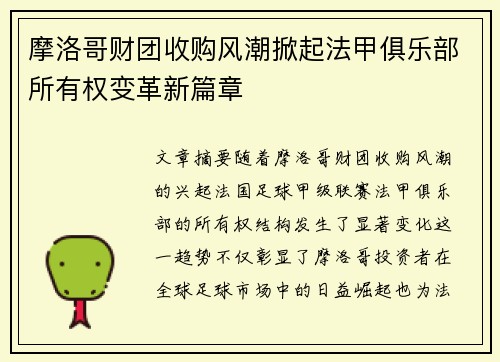 摩洛哥财团收购风潮掀起法甲俱乐部所有权变革新篇章