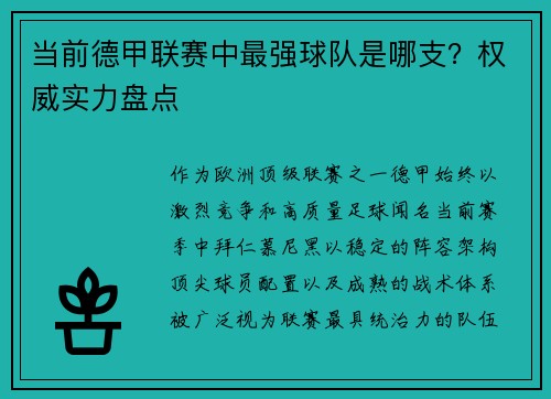 当前德甲联赛中最强球队是哪支？权威实力盘点